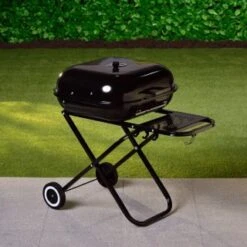 Folding Barbecue With Shelf -Outdoor Garden Store 353343 folding bbq on wheels with shelf black 4