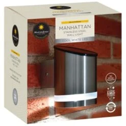 Manhattan Solar Powered Wall Light -Outdoor Garden Store 366488 masoon and jones manhattan solar powered stainless steel wall light cool white led